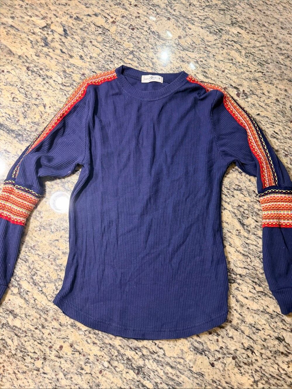 Natural Life Blue Embroidered Long Sleeve Thermal Top Boho Knit Shirt Womens M